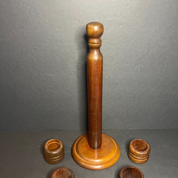 Vintage Retro Price Import Set of 5 Wooden Napkin Holder Rings & Stand 9.75" - Picture 2 of 8